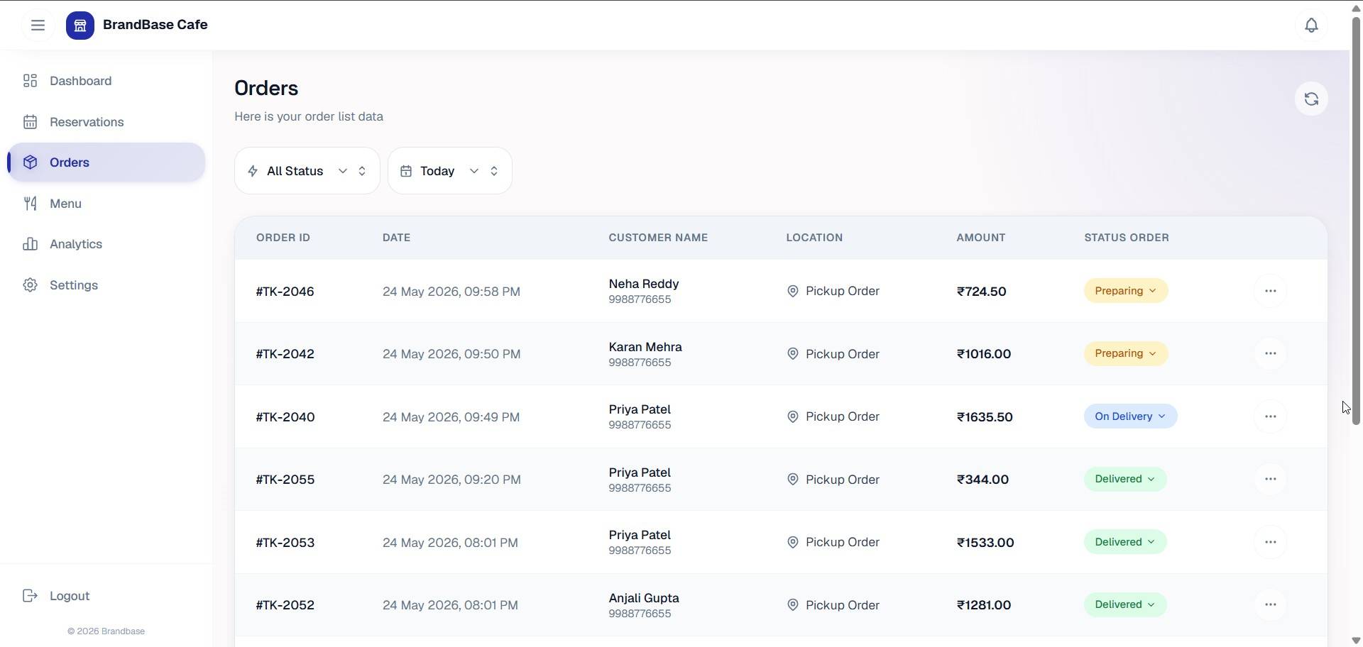 Restaurant live order manager screenshot