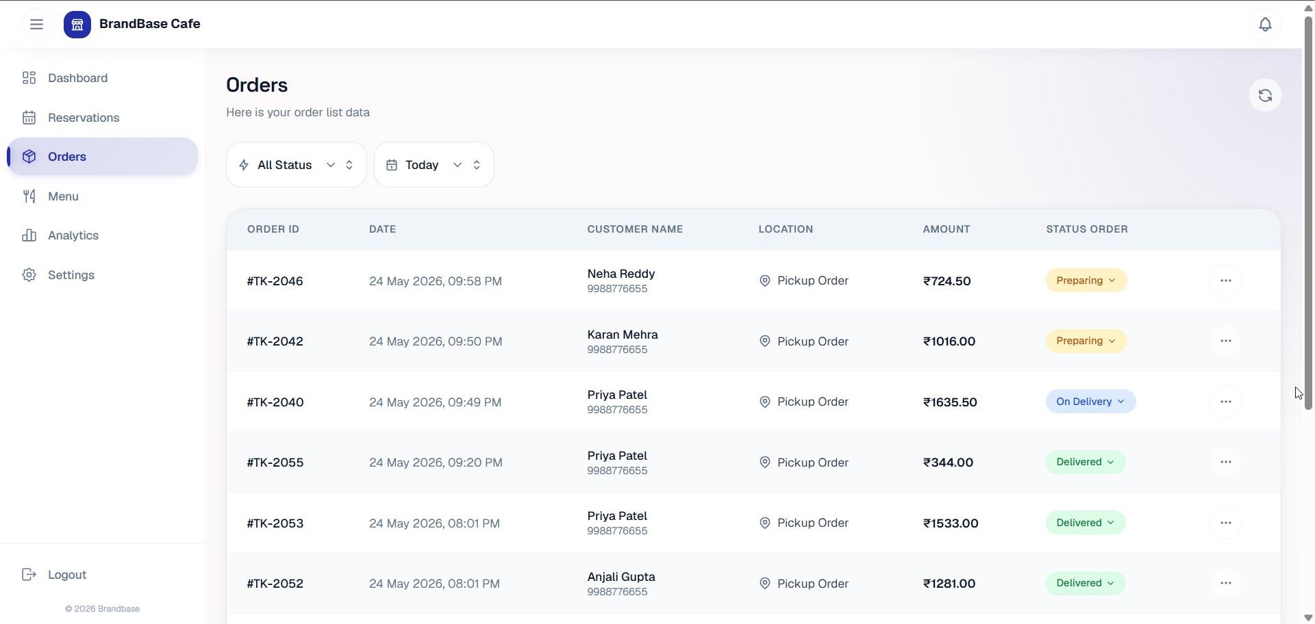 Restaurant live order manager screenshot
